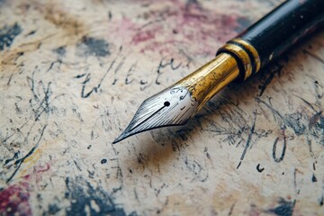 Aufkleber - Elegant fountain pen resting on aged textured paper creating a classic writing atmosphere. Generative AI