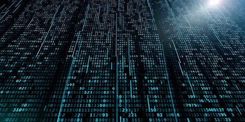 Poster - Binary code streaming down a dark screen with light rays