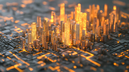 Wall Mural - Abstract 3d rendering of a futuristic cityscape with glowing grids., generative ai. Glowing Nebula Cityscape. Illustration