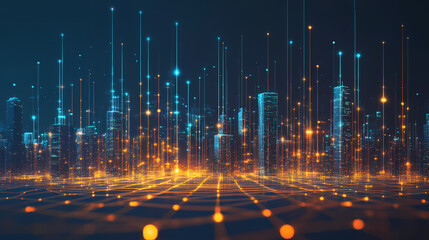 Wall Mural - Abstract 3d rendering of a futuristic cityscape with glowing grids., generative ai. Glowing Nebula Cityscape. Illustration