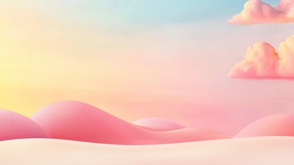 Poster - Dreamy pastel landscape with soft hills, colorful clouds, and serene sunset sky in vibrant hues