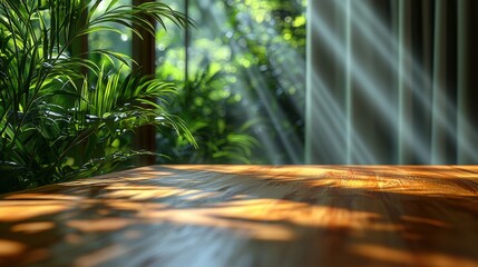 Poster - Simple table featuring a green plant in the background adding a touch of nature to the setting