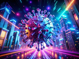 Poster - Mesmerizing Neon Futuristic Virus: Abstract 3D Digital Art, Glowing Purple Blue Hues, Light Speed Conceptual