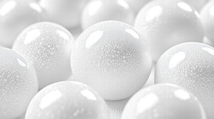 Poster - Close-up of white spherical balls covered in glistening water droplets on a smooth surface