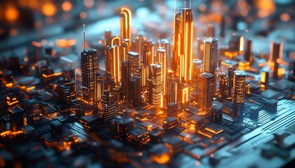 Aufkleber - Futuristic digital city on a silver tray, glowing rising arrows, neon skyline, hightech elements, cyberpunk atmosphere