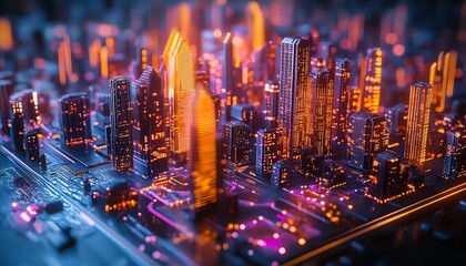 Aufkleber - Futuristic digital city on a silver tray, glowing rising arrows, neon skyline, hightech elements, cyberpunk atmosphere
