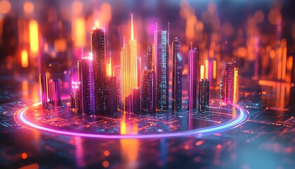 Aufkleber - Futuristic digital city on a silver tray, glowing rising arrows, neon skyline, hightech elements, cyberpunk atmosphere