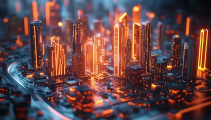 Aufkleber - Futuristic digital city on a silver tray, glowing rising arrows, neon skyline, hightech elements, cyberpunk atmosphere