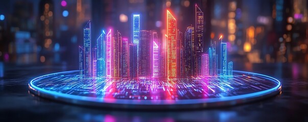 Poster - Cityscape on a silver tray with glowing arrows rising, futuristic digital elements, neon lights, advanced technology design