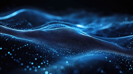 Poster - Abstract futuristic background with glowing blue digital waves made of dots, creating a dynamic and high-tech effect. Ideal for technology, AI, and innovation themes