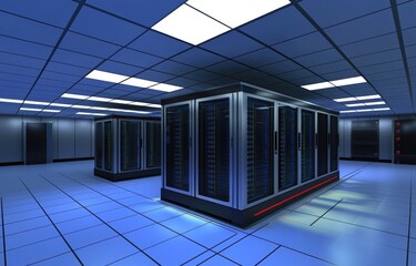 Poster - A modern data center with sleek server racks, glowing blue lights, and a clean, high-tech environment. Ideal for technology, cloud computing, and cybersecurity themes