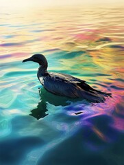 Aufkleber - Oil spill creates rainbow sheen on ocean surface as seabird struggles to survive. Generative AI