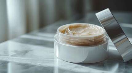 Poster - Luxurious jar of cream placed on a table showcasing its rich texture and elegant packaging design
