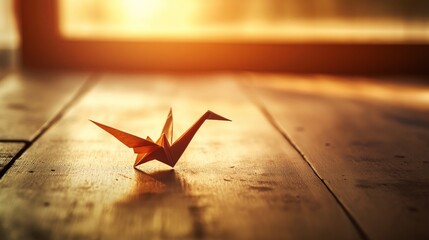 Poster - A tiny, detailed paper crane on a vast, empty tabletop