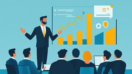 Poster - Business Planning Concept. Contemporary flat style vector illustration of a businessman giving a business forecast to a group of colleagues sitting at a desk with a growing graph, 8k image