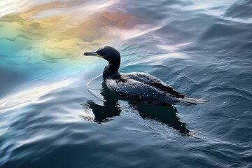 Poster - Seabird struggles to remain afloat amid an oil spill creating a rainbow sheen on the ocean surface. Generative AI