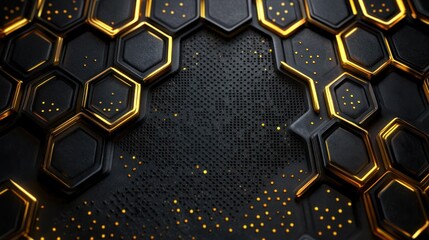 Poster - Abstract geometric hexagon pattern, black and gold.  Background design.  Potential use for technology or futuristic theme