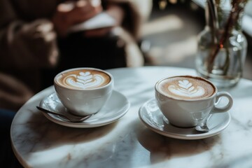 Aufkleber - Coffee cups with latte art placed on a marble table in a cozy cafe during a leisurely afternoon. Generative AI