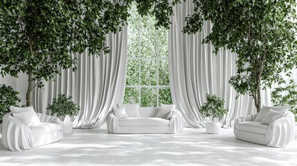 Poster - Stylish living room decorated with white furniture and a lush indoor tree for a calm atmosphere