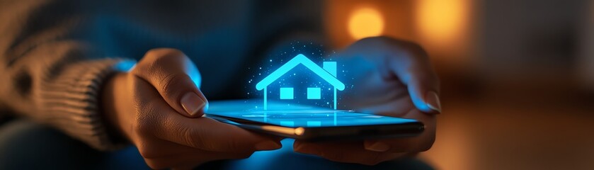 Poster - Hands holding smartphone with smart home app, 3D house icon visible on screen, managing home security system remotely, digital interaction, future of housing technology