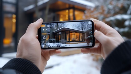 Poster - Hands holding smartphone with smart home app, 3D house icon visible on screen, managing home security system remotely, digital interaction, future of housing technology