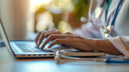 Poster - stethoscope is placed on the table next to an open laptop, with one hand typing and another holding it up in front of her ear