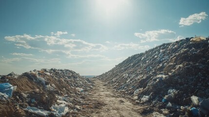 Poster - Mountain of plastic waste rising in landfill under a clear sky with room for environmental concerns. Generative AI