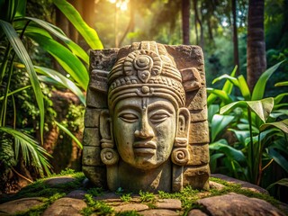 Poster - Minimalist Mayan Ruins: Ancient Stone Carving, Jungle Setting