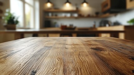 Poster - Rustic wooden table in a contemporary kitchen with stylish accessories and natural light streaming