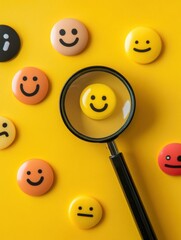 Aufkleber - Yellow background with smiley face buttons and magnifying glass highlighting happiness and emotions. Generative AI