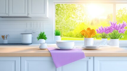 Poster - Vintage-style kitchen with distressed white cabinets, wooden countertops, and a rustic farmhouse table set with stoneware dishes.