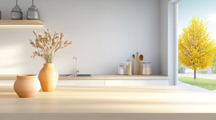 Poster - Warm-toned rustic kitchen with a large wooden island, antique metal lanterns, and decorative dried flowers in a clay vase.