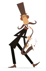 cartoon long mustache saxophonist in the top hat. funny mustache man in the top hat with saxophonist