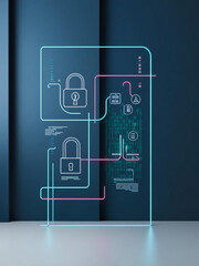 Poster - Bright illustrations of security icons are shown against a predominantly dark blue background, creating a contemporary theme focused on cyber security concepts and data protection