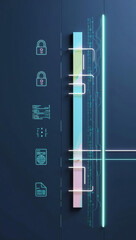 Poster - Bright background combines dark blue tones with stylized security icons, illustrating concepts such as data protection, encryption, and online safety for a contemporary digital environment
