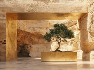 Poster - Elegant bonsai tree displayed in golden frame serene cave environment art installation