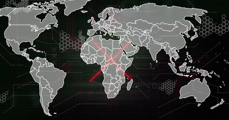 image of circuit board and world map over black background