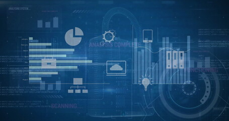 Poster - Image of padlock and data processing over blue background