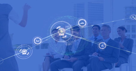 Poster - Image of network of connections with icons over diverse businesspeople in office