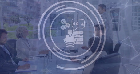 Poster - Image of network of connections with icons over diverse businesspeople in office