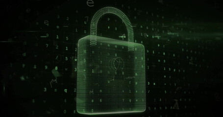 Poster - Image of padlock icon and data processing on black background