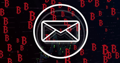 Poster - Image of bitcoin icons, email envelope and data processing over black background