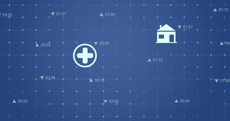 Poster - Image of ecology icons and data processing over blue background