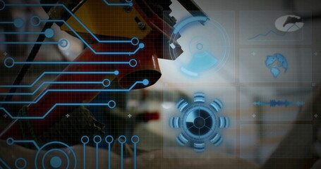 Poster - Image of circuit board and data processing over tool in workshop
