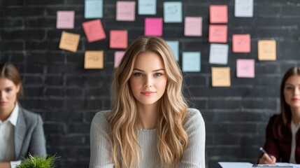 Poster - Confident young woman in a modern office environment, focused on her work with colleagues discussing project ideas in the background