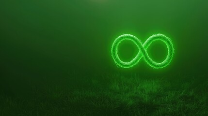 Poster - Abstract Green Infinity Loop Made of Recycled Materials with Glowing Effect in Digital Landscape