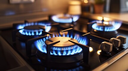 Aufkleber - Modern kitchen features blue flames on a stylish gas stove, showcasing the beauty of functional design and culinary art. Generative AI