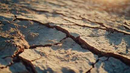 Poster - Dry cracked earth reveals the effects of drought during sunset in a rural landscape. Generative AI