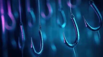 Aufkleber - Abstract Representation of Phishing Attack with Digital Hooks in a Blue and Purple Glow