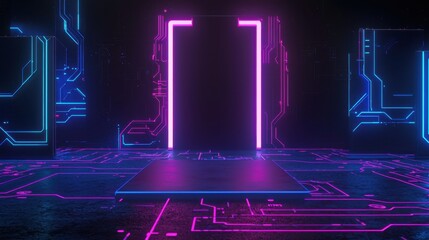 Poster - Futuristic Neon Portal in a Digital Cyberpunk Environment with Glowing Circuit Patterns and Vibrant Colors for Sci-Fi and Technology Themes
